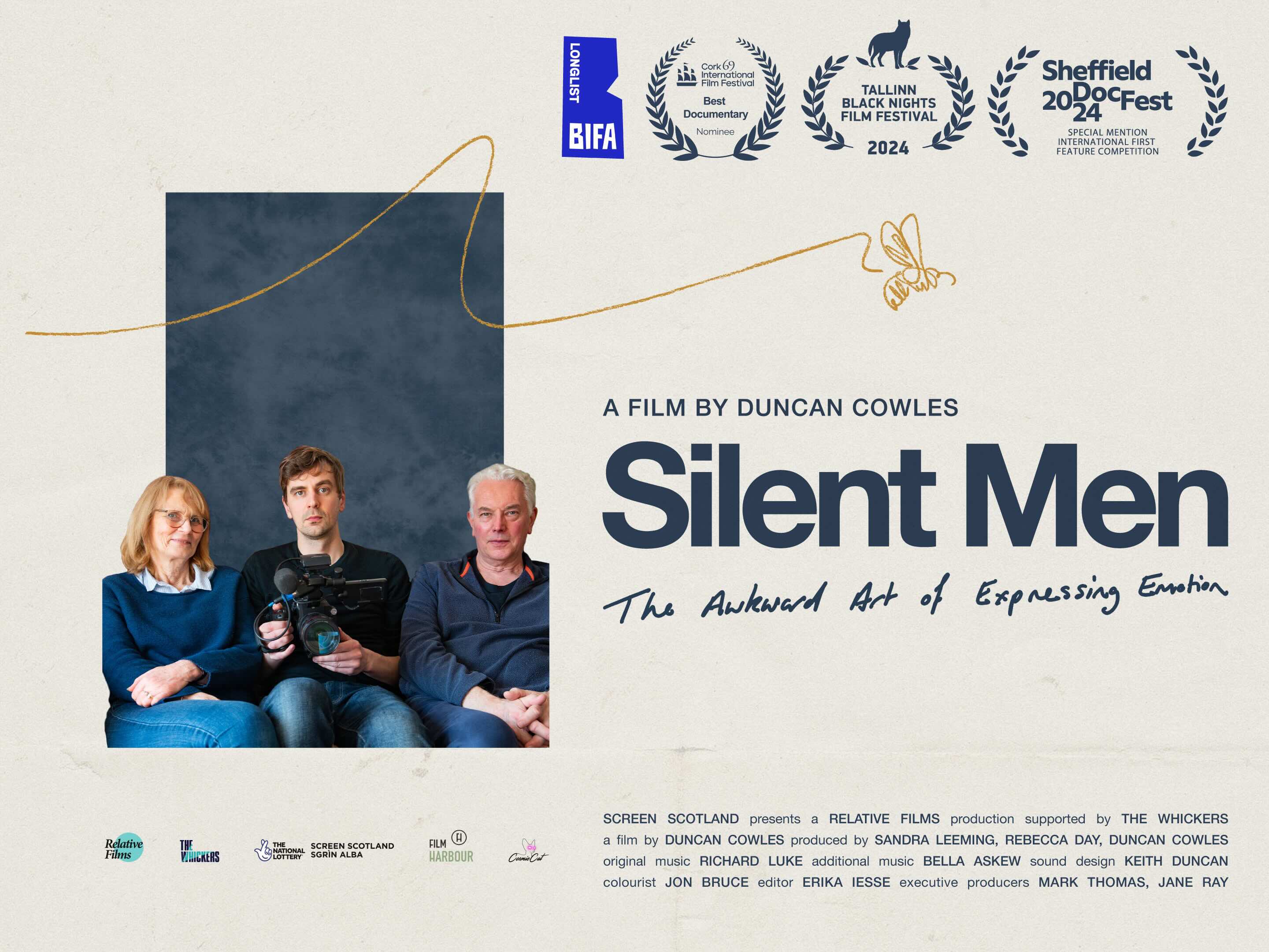 Poster design with a family sitting to the left with a blue backdrop awkwardly, the name of the film to the right says Silent Men: The Awkward Art of Expressing Emotion, some festival laurels are to the top right.